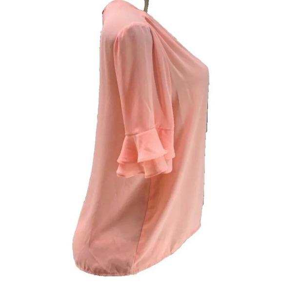 Catherine Malandrino S Coral Blush Sheer V-Neck Short Layer Ruffle Sleeve Blouse - Picture 3 of 6